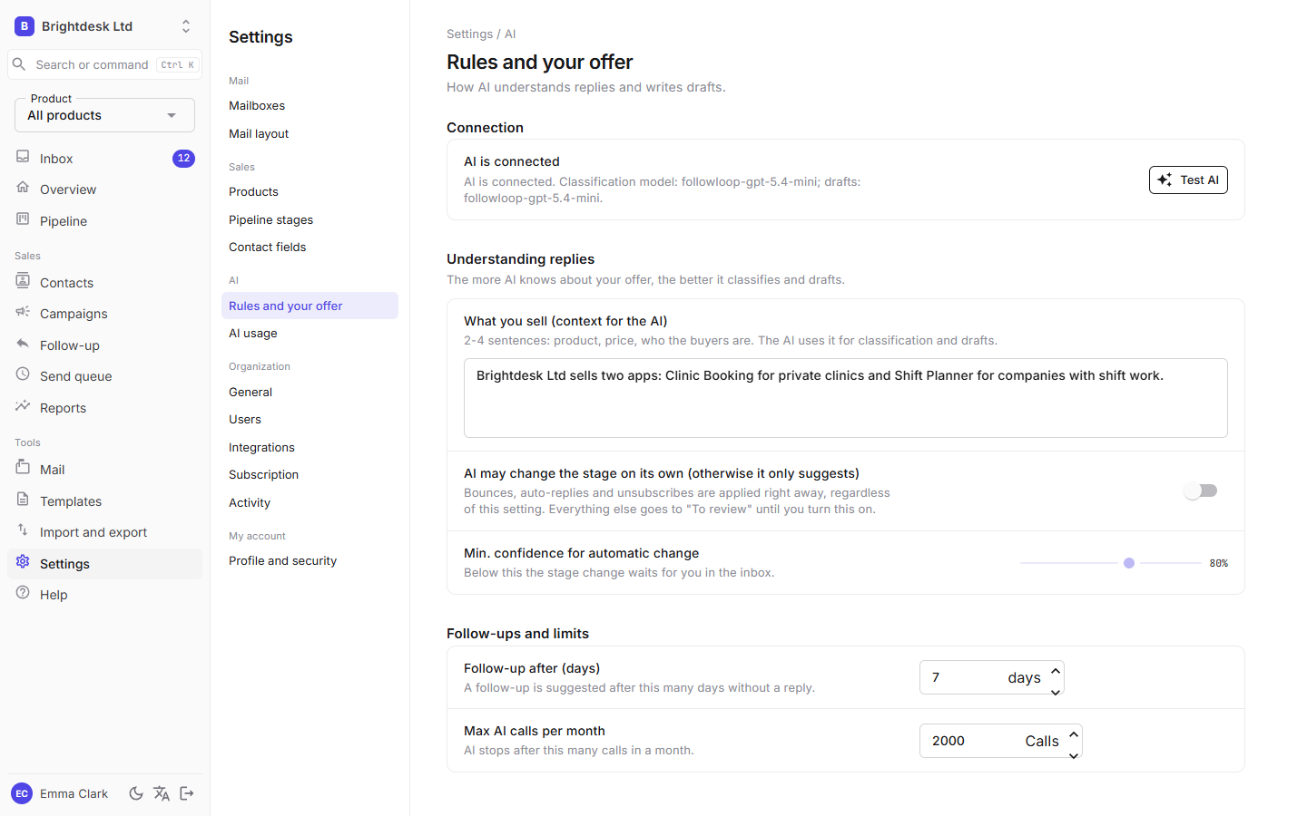 Settings, Rules and offer