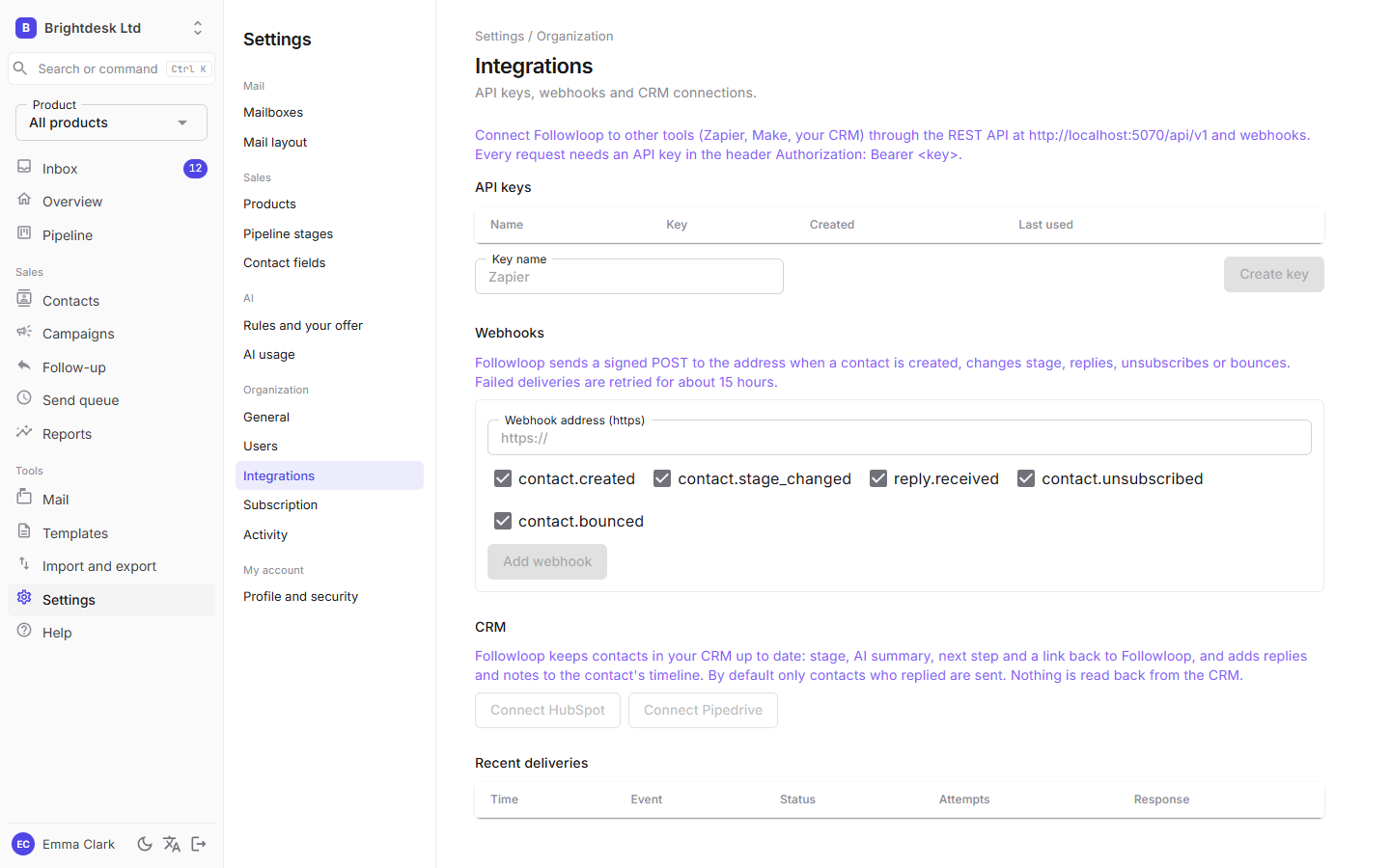 Settings, Integrations