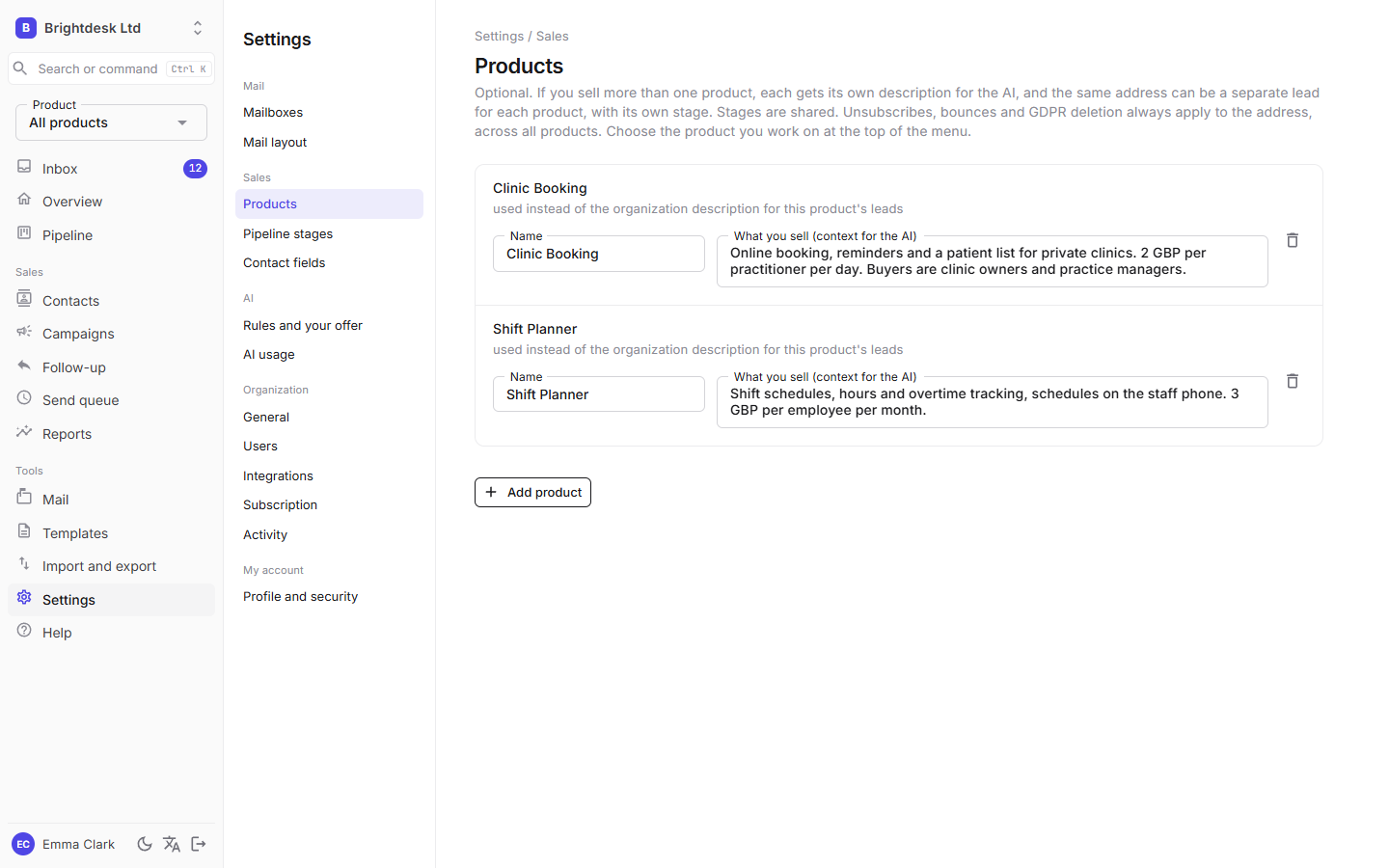Settings, Products